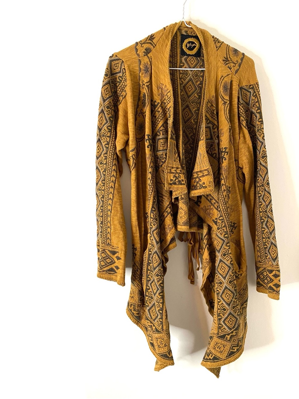 Biya Johnny Was Mustard Embroidered Boho Waterfall Cardigan Duster